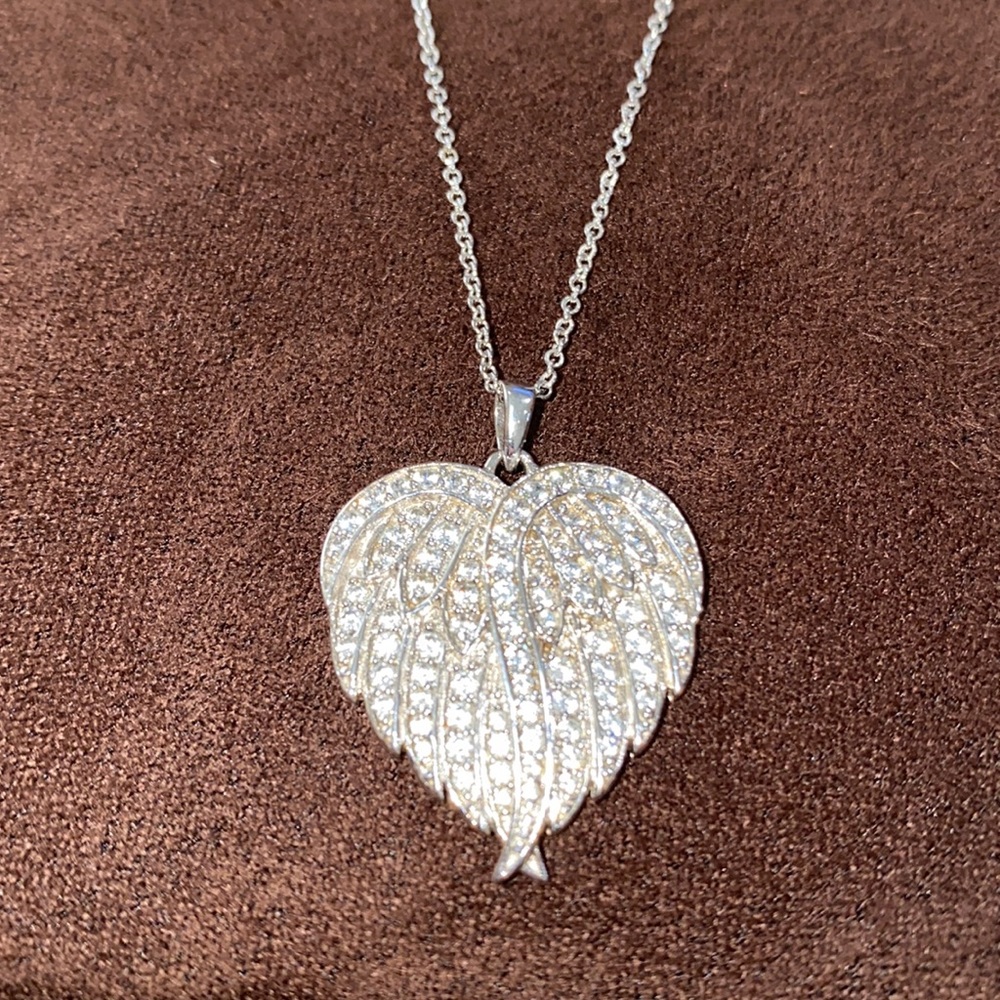 SILVER & CUBIC ZIRCONIA ANGEL WINGS HEART PENDANT NECKLACE 18"L PAJ 925 STAMPED